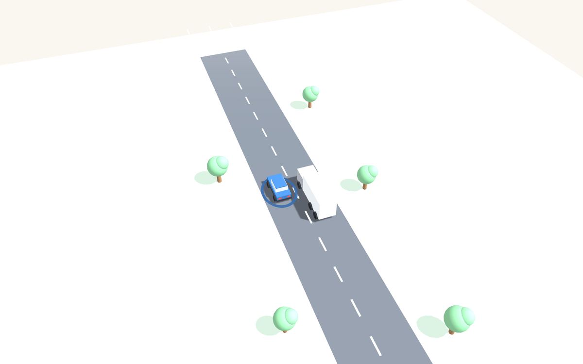3D-animatie van een auto die een vrachtwagen inhaalt